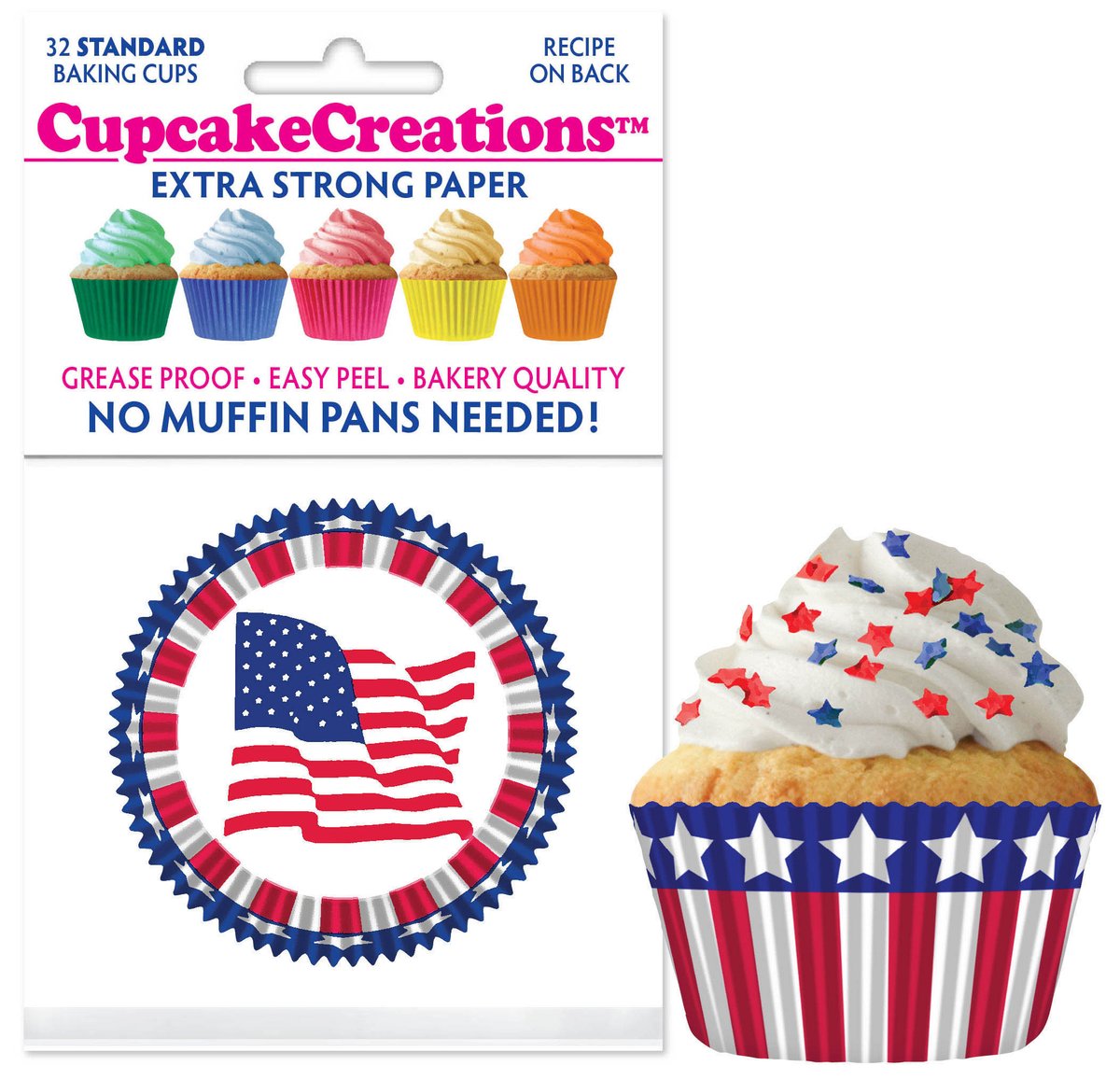 Stars and Stripes Flag Cupcake Liner, 32 Pack