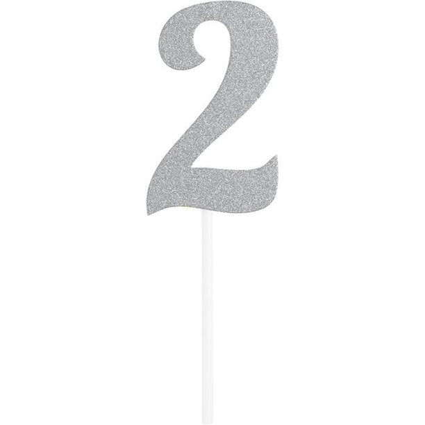 Silver Glitter "2" Cake Topper