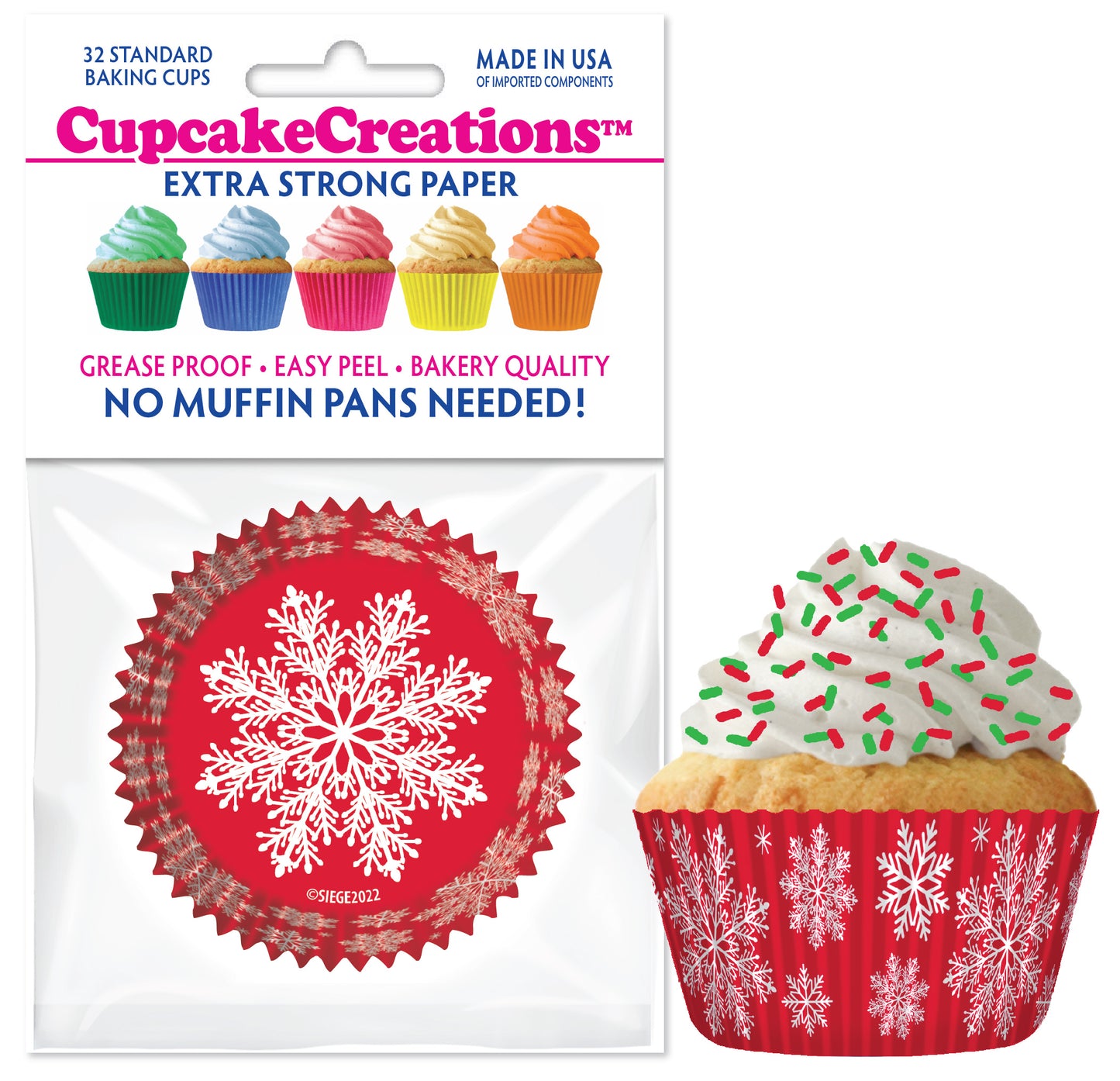Red with White Snowflakes Cupcake Liner, 32 Pack