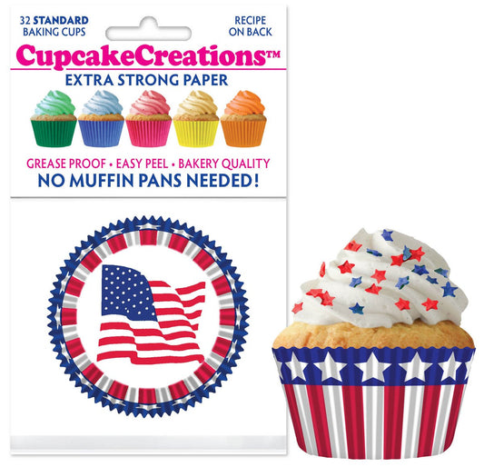 Stars and Stripes Flag Cupcake Liner, 32 Pack
