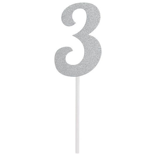 Silver Glitter "3" Cake Topper
