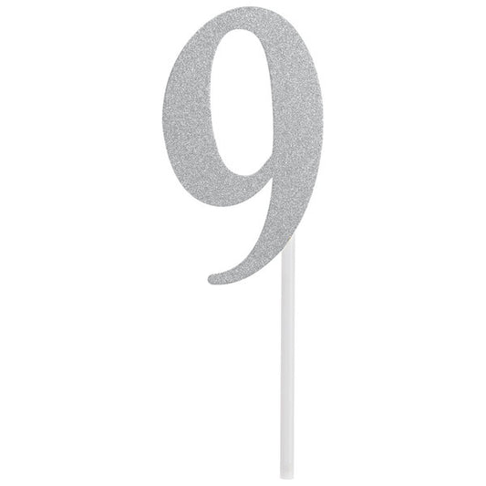 Silver Glitter "9" Cake Topper