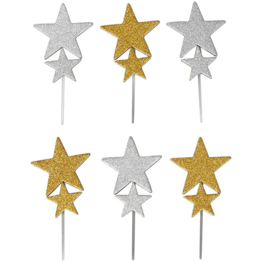 Star Cupcake Toppers, Silver & Gold, 8 Pack