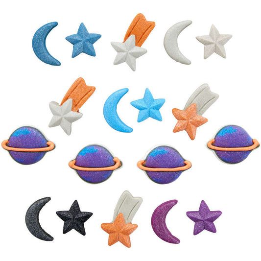 Planet, Moon, Stars Icing Decorations, 18 Piece