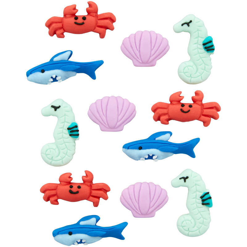 Crab, Shell, Seahorse, Shark Icing Decorations, 12 Piece