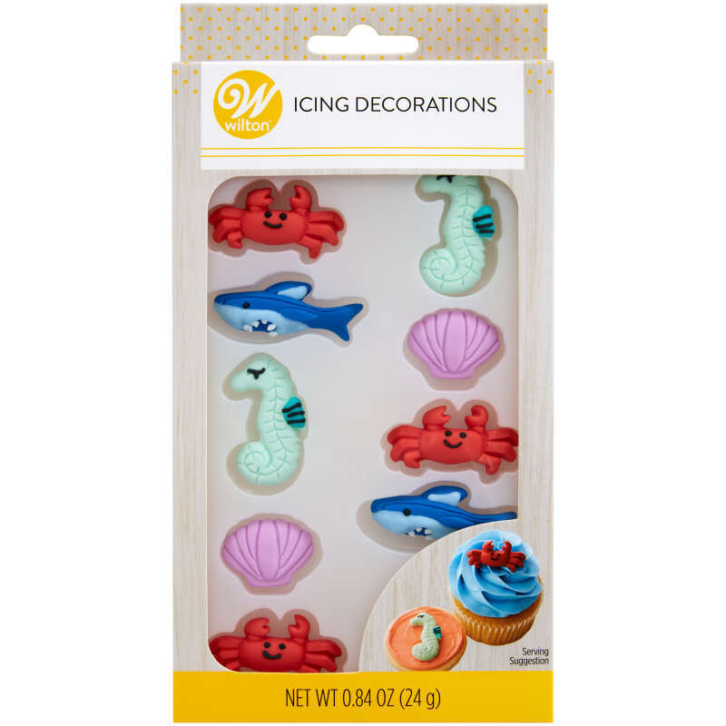 Crab, Shell, Seahorse, Shark Icing Decorations, 12 Piece