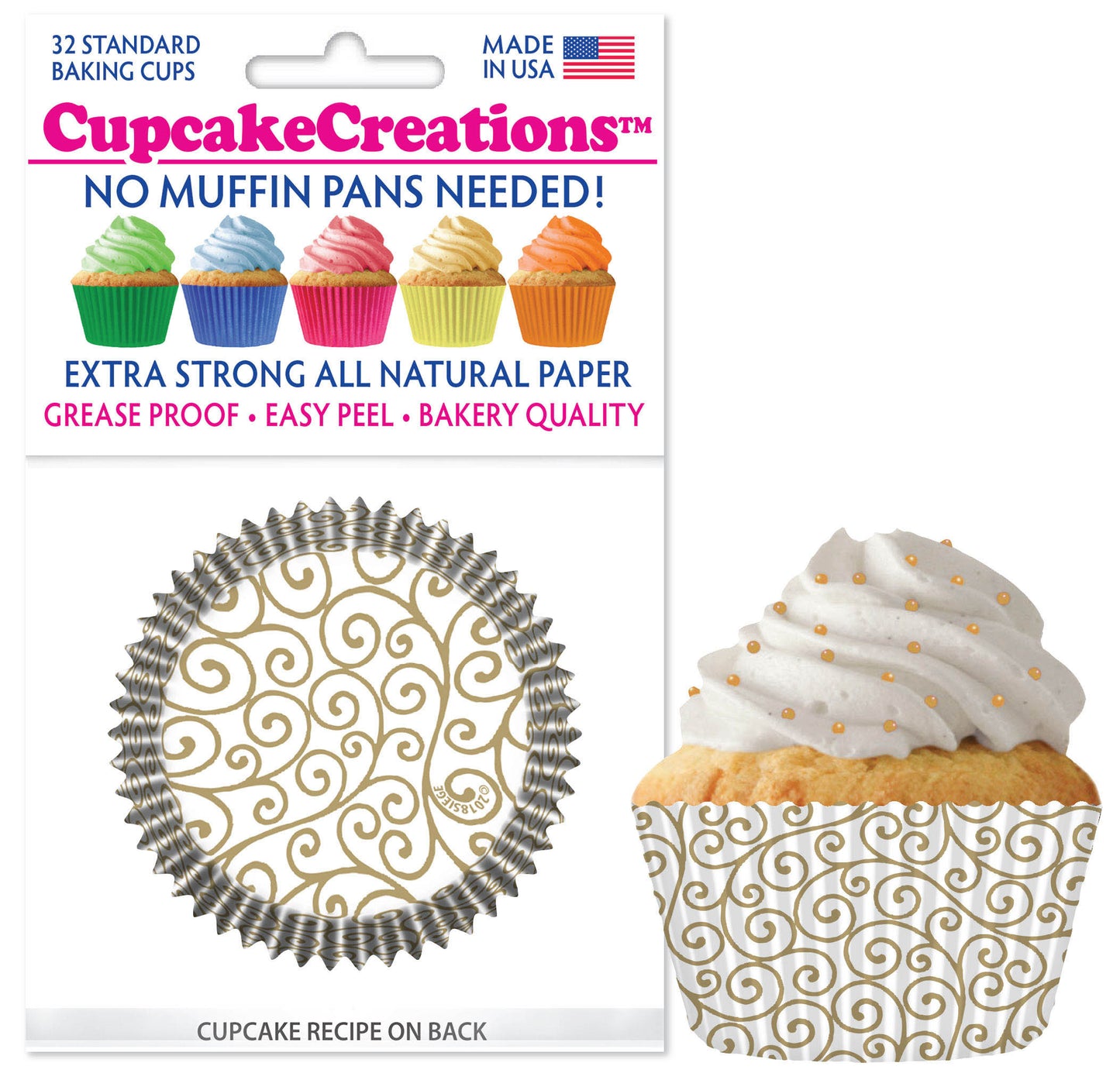Gold Scroll Cupcake Liner, 32 Pack