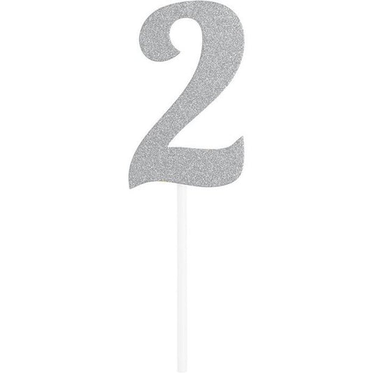 Silver Glitter "2" Cake Topper