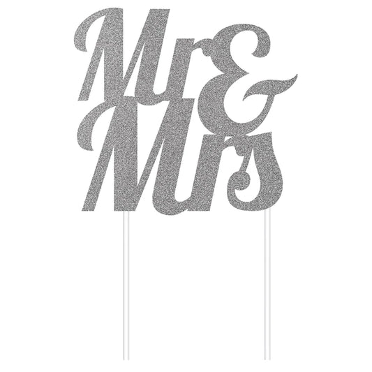 Silver Glitter "Mr & Mrs" Cake Topper
