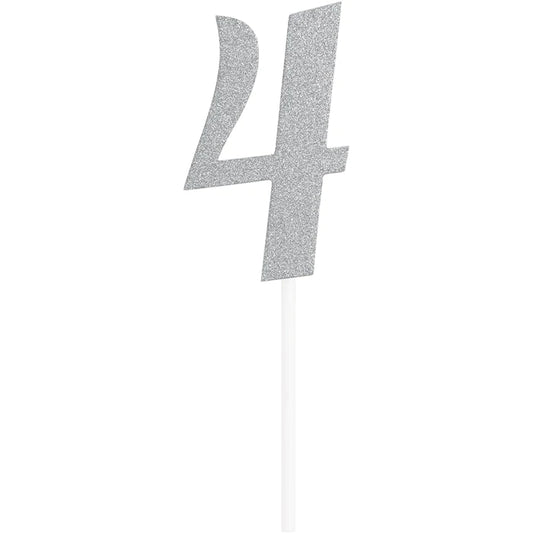 Silver Glitter "4" Cake Topper