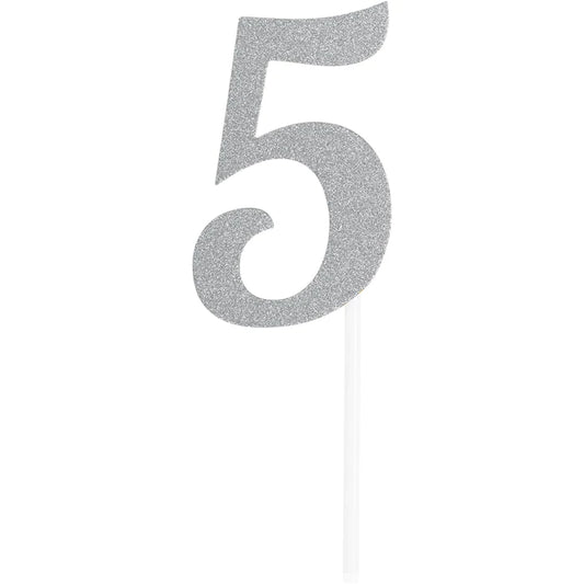 Silver Glitter "5" Cake Topper